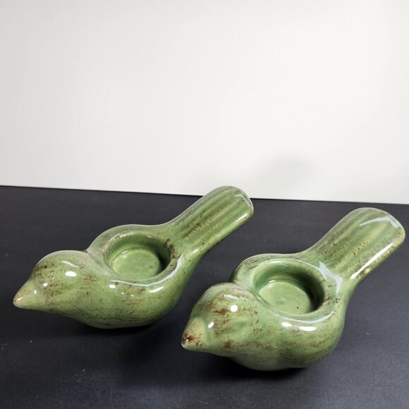 Ceramic Bird Candle Holder Tea Light Jade Green with Flecks of Brown Set Of 2 - Picture 2 of 9